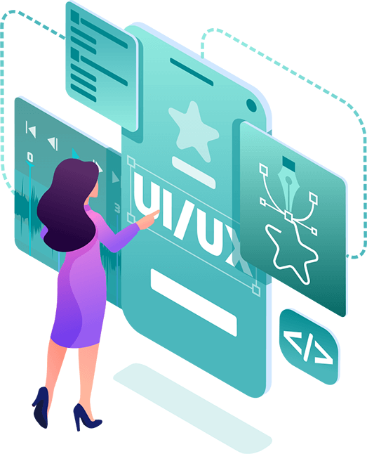 A drawing of a woman working on the user experience design of a website
